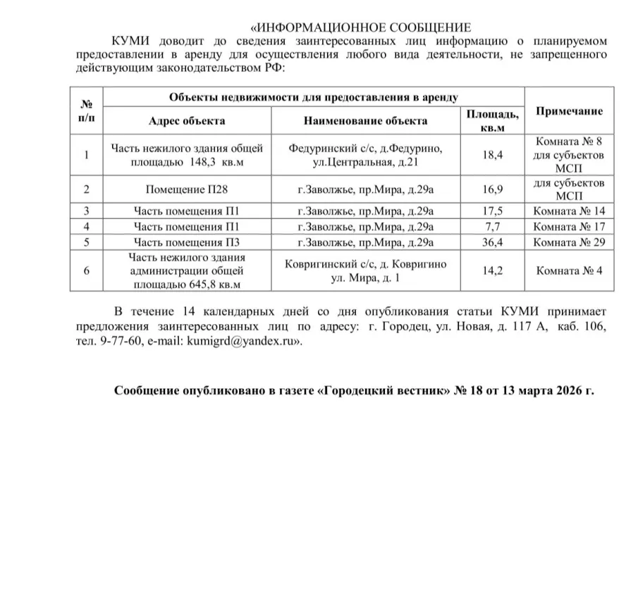 Информационное сообщение о планируемом предоставлении в аренду объектов недвижимости
